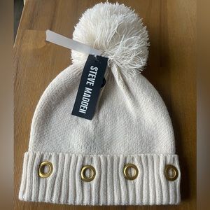 Steve Madden Beanie Hat with Pom Pom - Cream and Gold
